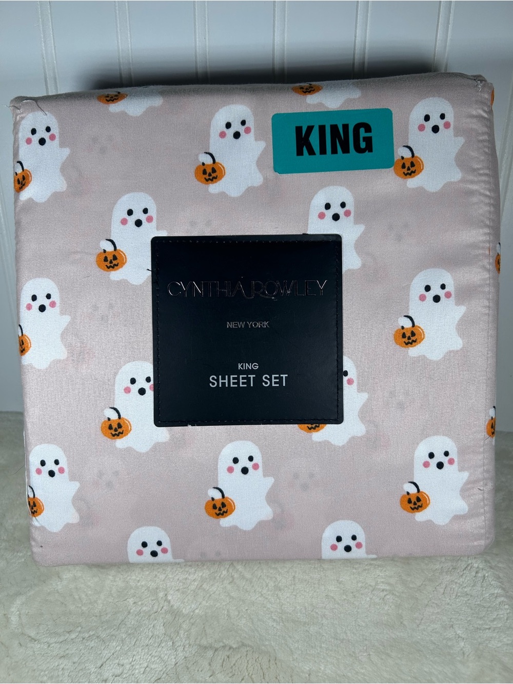 NWT Cynthia Rowley Pink Ghost Halloween KING Sheet Set